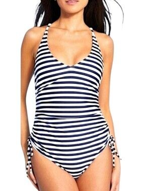 Palisades Beach Club Striped Swimsuit One-piece Blue And White with Side Ties